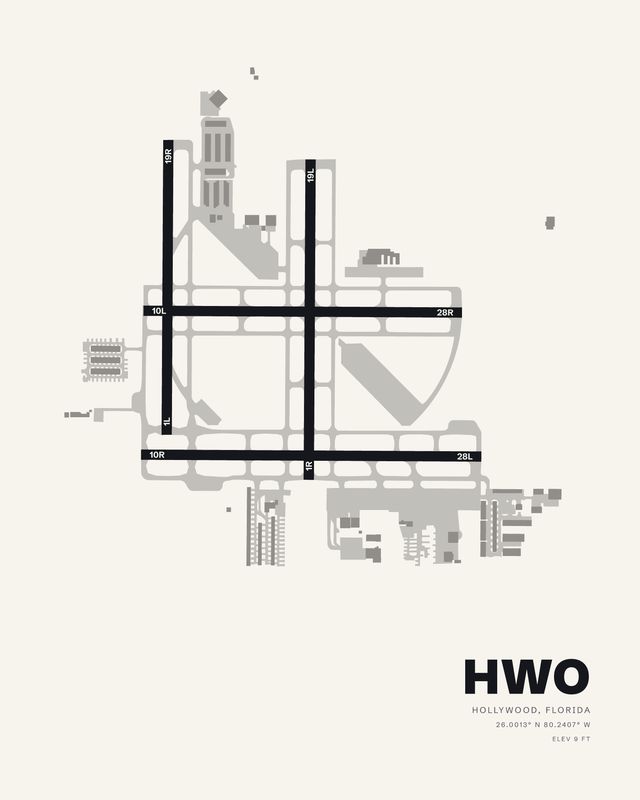 North Perry HWO airport diagram print on white, four black runways crossing in a grid.