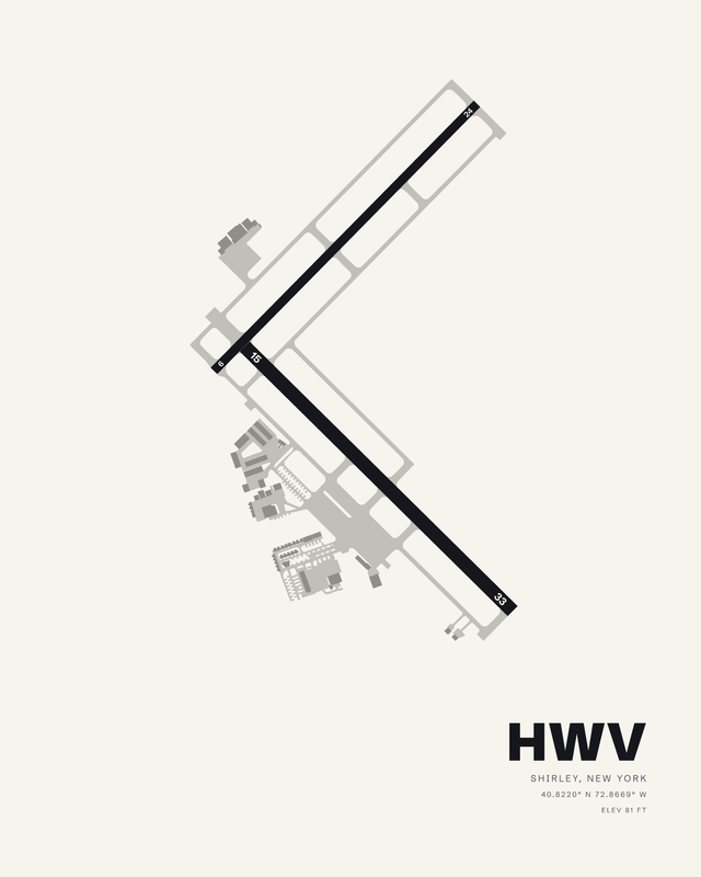 Brookhaven HWV airport diagram artwork in the white colorway, runways 15/33 and 06/24 meeting in a wide V at Shirley, New York.