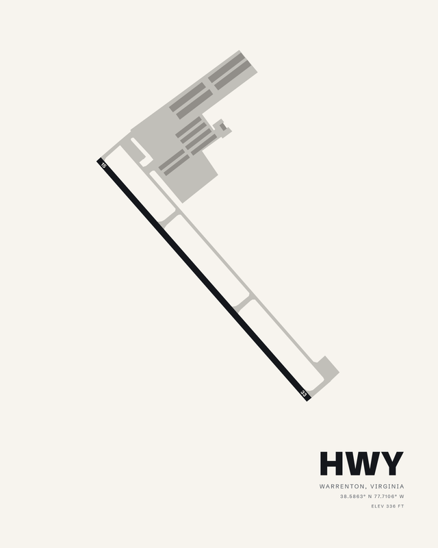 Warrenton/Fauquier HWY airport map print in the white colorway, runway 15/33 shown as a dark diagonal strip.