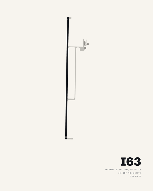 I63 Mount Sterling Municipal airport map print, white colorway, single runway 18/36 with its taxiway loop on a light ground.