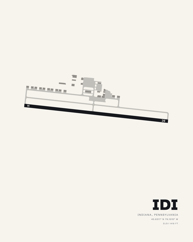 IDI airport map print on white: single diagonal runway 11/29 at Indiana County/Jimmy Stewart Field, Pennsylvania.