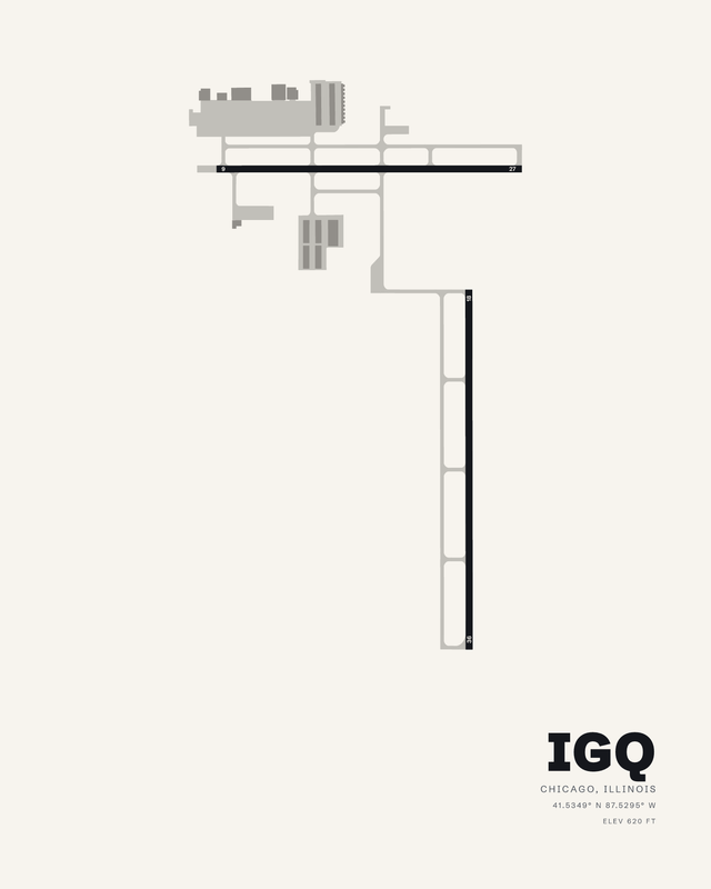 IGQ Lansing Municipal airport map print in white, runways 09/27 and 18/36 in an open L.
