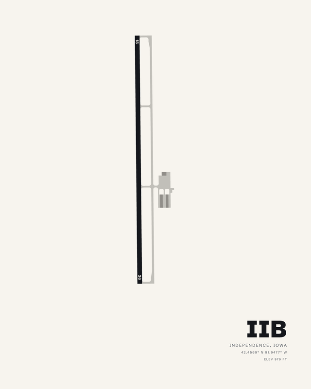 IIB airport map print in white: runway 18/36 drawn as one tall vertical strip, Independence, Iowa.