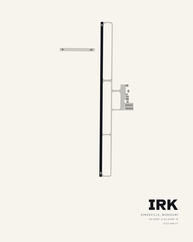 White colorway airport map print of Kirksville Regional (IRK), Missouri, with the long 18/36 runway and a short offset turf strip.