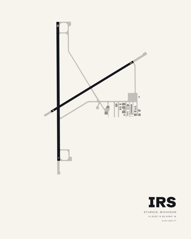 IRS airport map print, white colorway, runway 01/19 crossed low by the shorter diagonal 06/24 at Kirsch Municipal.