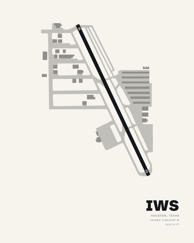 White colorway airport map print of West Houston (IWS), Houston, Texas, runway 15/33 as a dark diagonal.