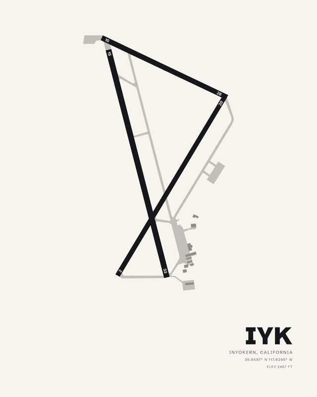 Inyokern Airport (IYK) map print on white, three black runways forming a leaning triangle with two long strips crossing low.