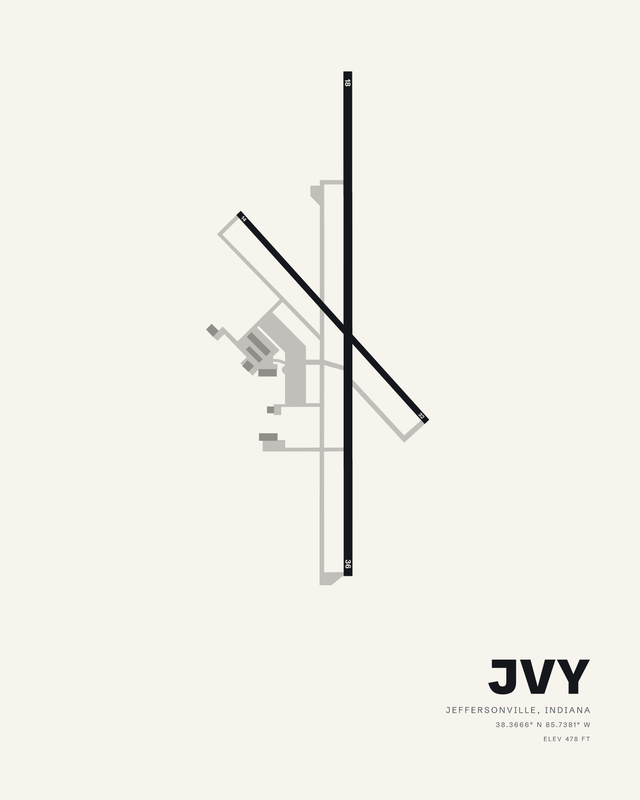 Clark Regional JVY airport diagram on a white background, runway 18/36 vertical with 14/32 crossing above center.