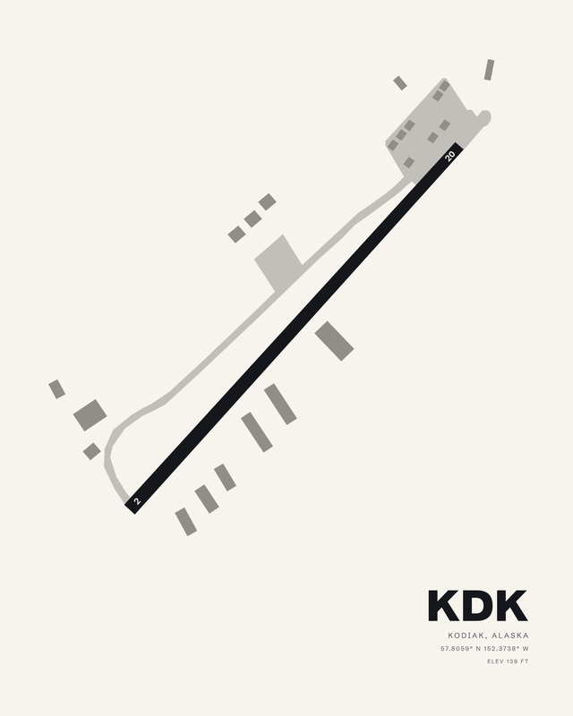 Kodiak Municipal KDK airport map print in the white colorway, single runway 02/20 as a dark diagonal strip with apron and taxiway.