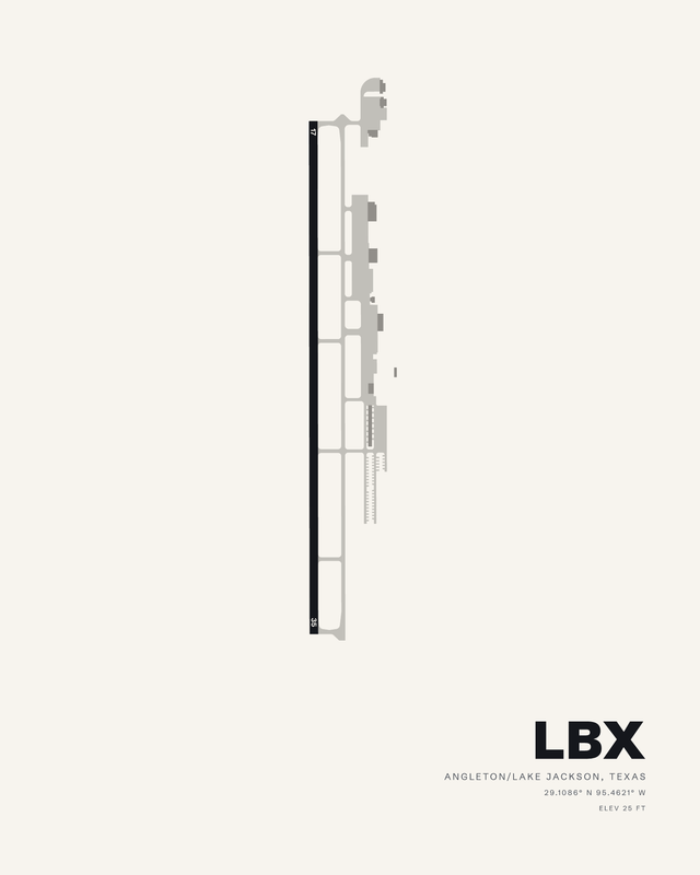 White airport map print of LBX, Texas Gulf Coast Regional, showing single runway 17/35 with its parallel taxiway.