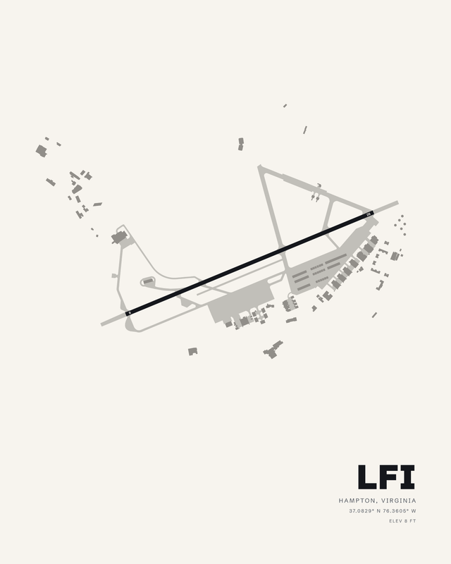 Langley AFB LFI airport map print in the white colorway, runway 08/26 a dark diagonal across a pale field.