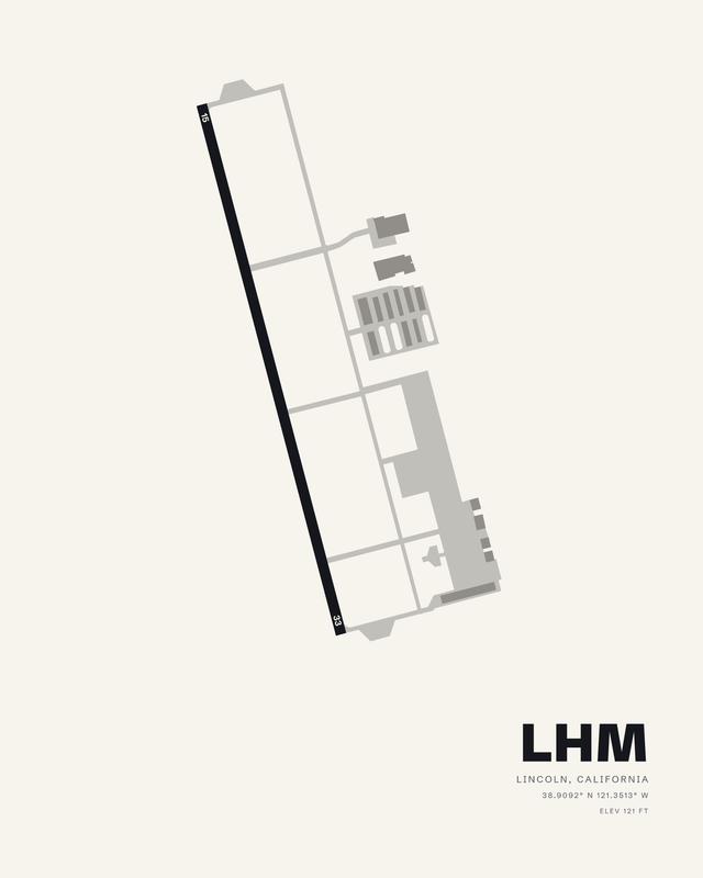 Lincoln Regional/Karl Harder Field LHM airport diagram print on a white ground, single runway 15/33 with taxiways and hangar rows.