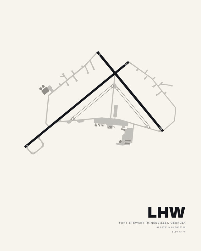LHW airport diagram print in the white colorway, dark runways crossing in a wide inverted V on a pale ground, Wright AAF at Fort Stewart, Georgia.