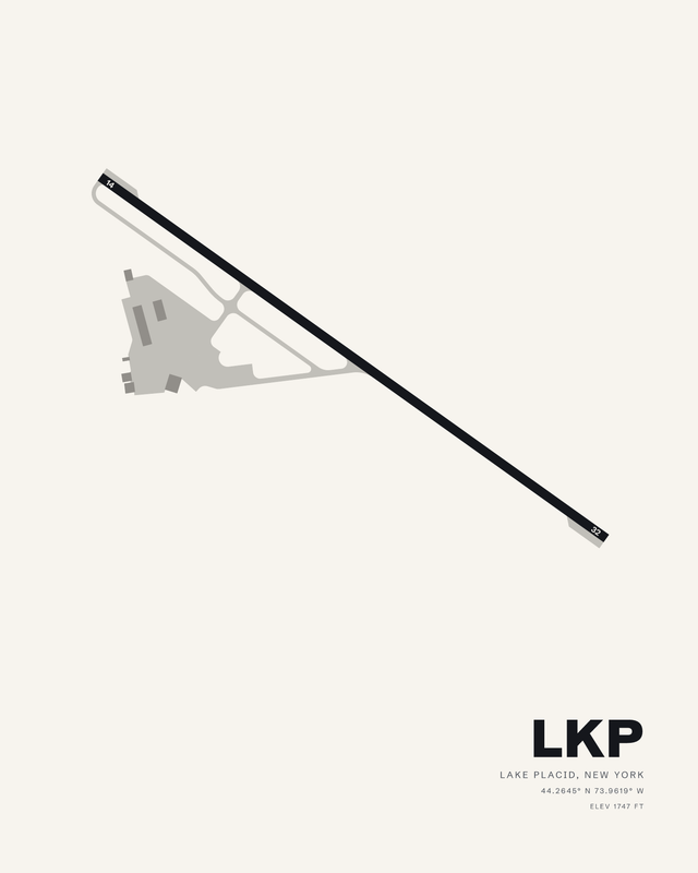 Lake Placid Airport LKP diagram in the white colorway, runway 14/32 a dark diagonal with ramp and taxiway at its west side.