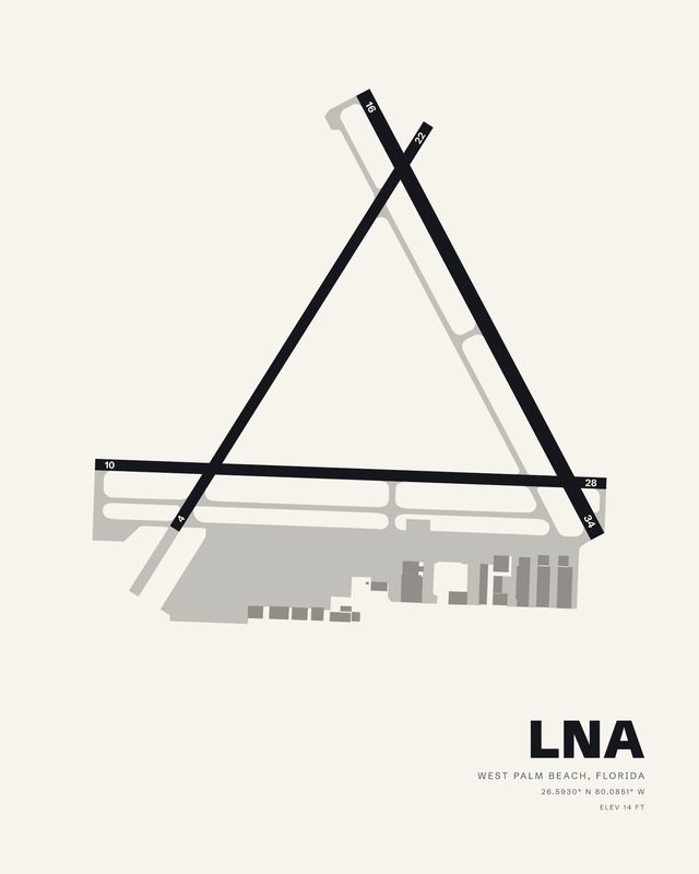 White airport map print of Palm Beach County Park (LNA), three black runways forming a narrow triangle above gray taxiways and hangars.