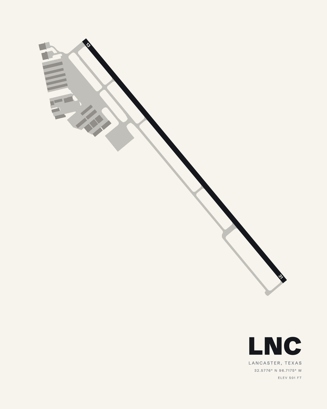 Lancaster Regional LNC airport map print on white, single runway 13/31 as one diagonal bar with hangar rows at the 13 end.