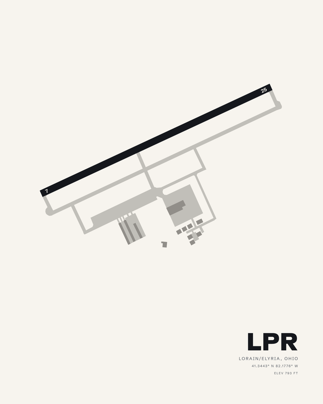 Lorain County Regional LPR airport map print in the white colorway, runway 07/25 as a dark diagonal above the field data block.