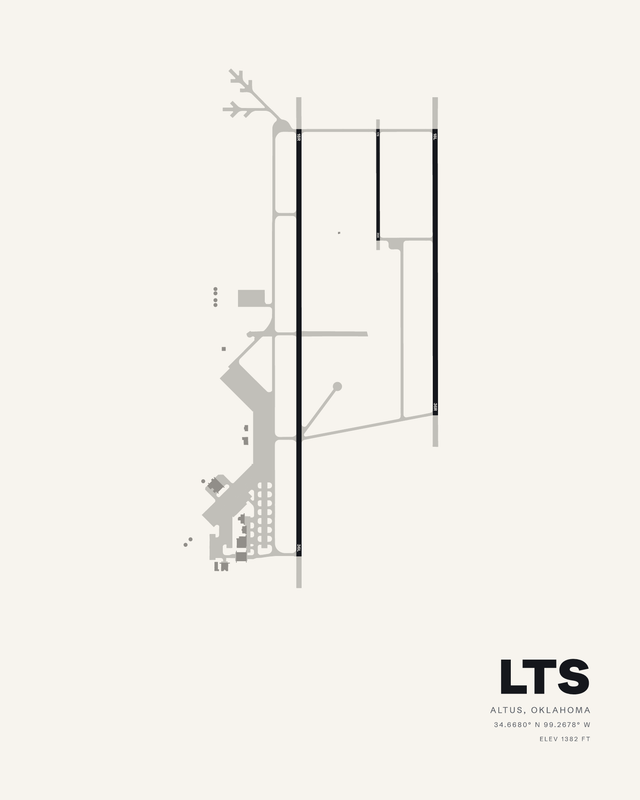 Altus AFB (LTS) airport diagram art print on white, three parallel north-south runways with the 13440 foot 18R/36L at left.