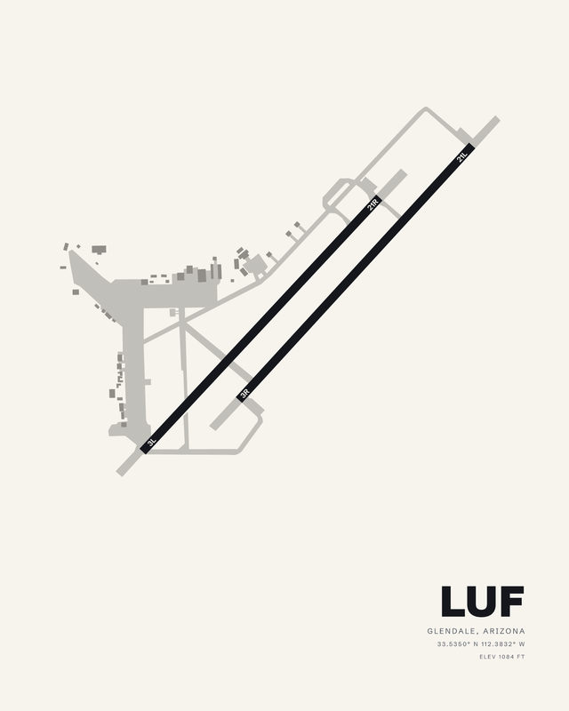 White colorway airport map print of LUF, Luke AFB, Glendale Arizona, twin parallel runways on a long diagonal.