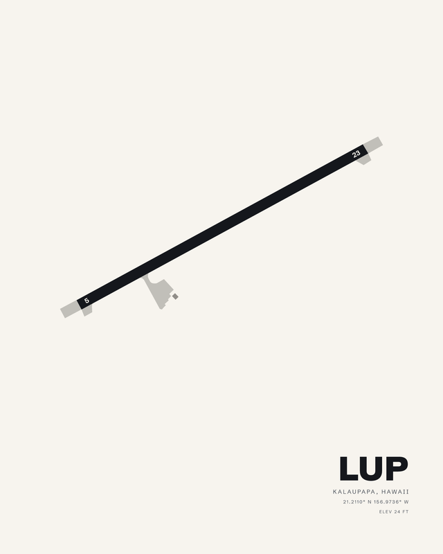 Kalaupapa LUP airport map print in white, one diagonal runway 05/23 on a pale ground.