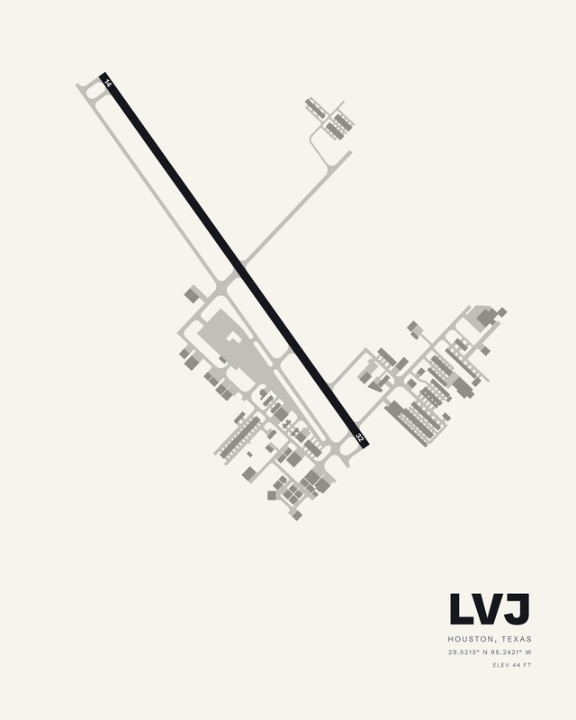 Pearland Regional LVJ airport diagram on white, single diagonal runway 14/32 with hangar rows along the apron.