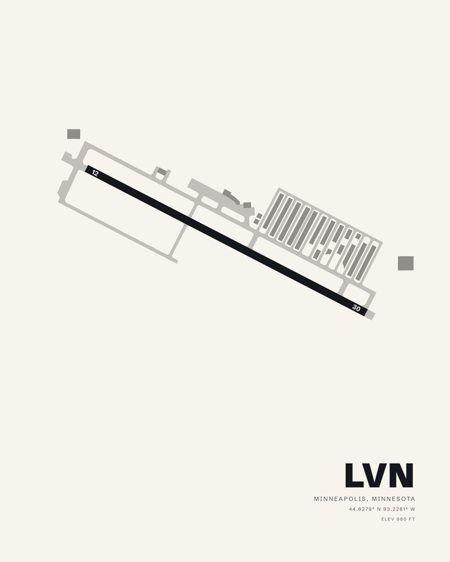 Airlake LVN airport map print in white, runway 12/30 as one dark diagonal with gray taxiways and hangar rows.