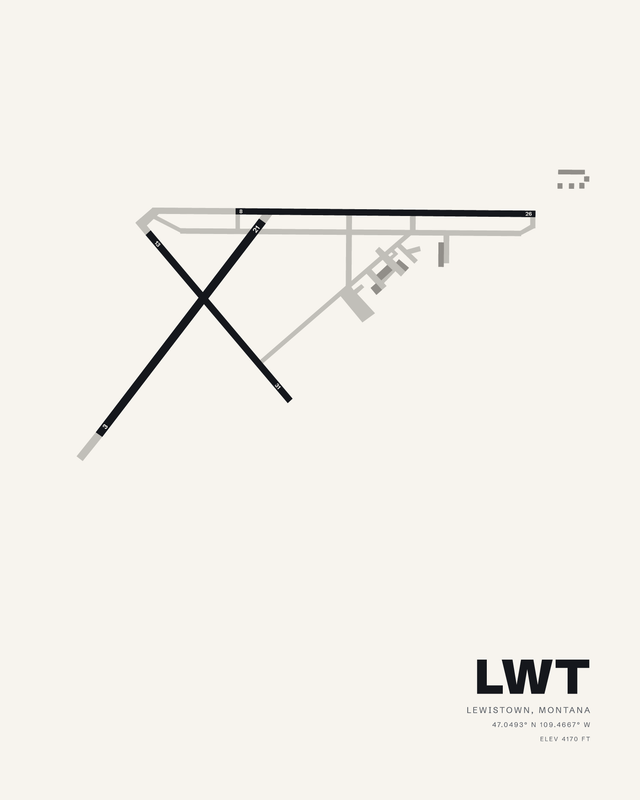 White colorway: LWT airport map print of Lewistown Municipal, dark runways 08/26, 03/21 and 13/31 on a soft white ground.