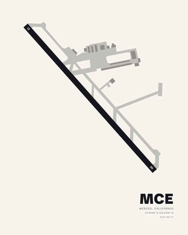 MCE Merced Yosemite Regional airport map print on white, single runway 12/30 as a dark diagonal bar.