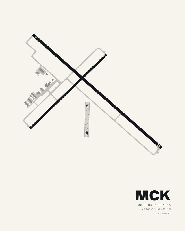 McCook Ben Nelson Regional (MCK) airport diagram print in the white colorway, runways 12/30 and 04/22 crossing in a dark X.