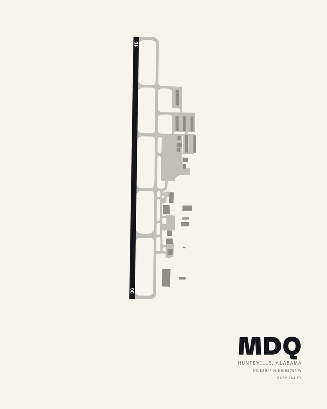 Huntsville Executive Tom Sharp Jr Field (MDQ) airport map print in the white colorway, runway 18/36 a single dark vertical bar beside pale taxiway loops.