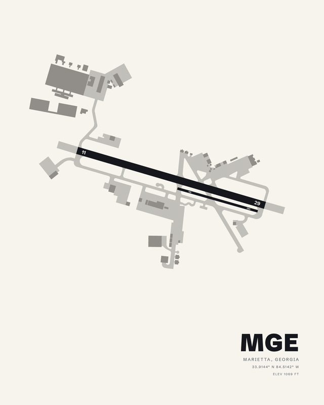 Dobbins ARB (MGE) airport diagram print in the white colorway, runway 11/29 as a long dark diagonal with a short parallel strip.