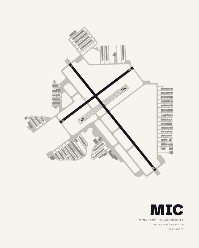 Crystal MIC airport map print in white, runways 14/32 and 06L/24R crossing in a dark X above the turf strip.