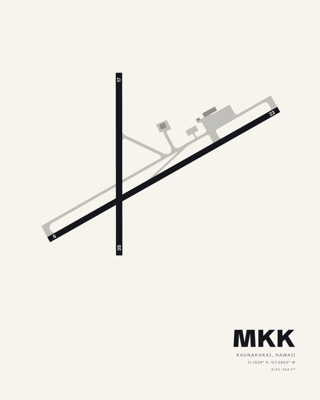 Molokai Airport (MKK) runway diagram on a white ground, runway 5/23 crossed by runway 17/35.