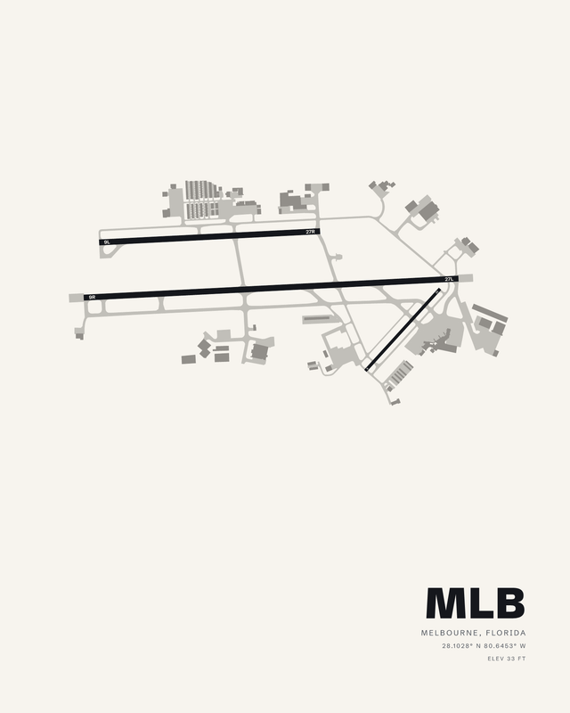MLB airport map print on white: two parallel east west runways and a short diagonal strip at Melbourne Orlando International, Melbourne, Florida.