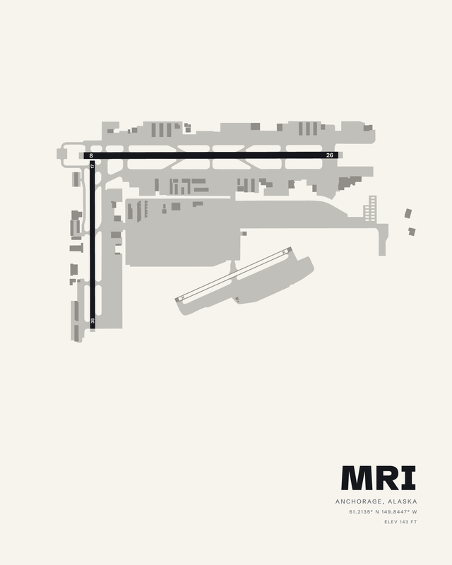 Merrill Field MRI airport diagram print on white, runways 08/26 and 17/35 meeting at a right angle, Anchorage, Alaska.