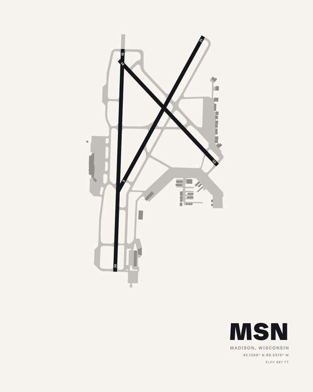 MSN Dane County Regional/Truax Field airport map print on white, three runways in charcoal.