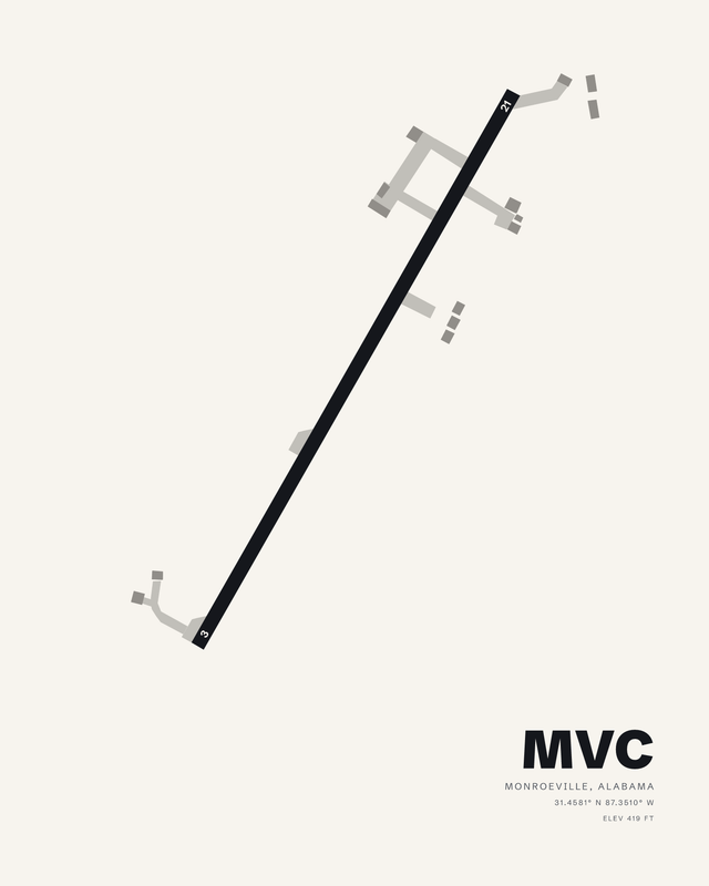 Monroe County Aeroplex (MVC) airport map print in the white colorway, one diagonal runway 03/21 on a pale ground.