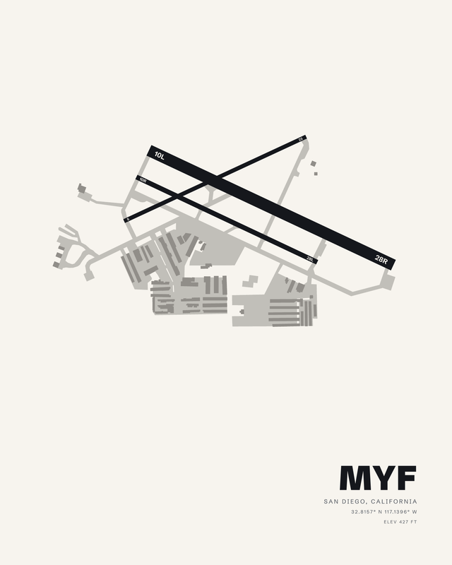 MYF Montgomery-Gibbs Executive airport map print in the white colorway, dark runways 10L/28R, 10R/28L and 05/23 on a warm off white field.