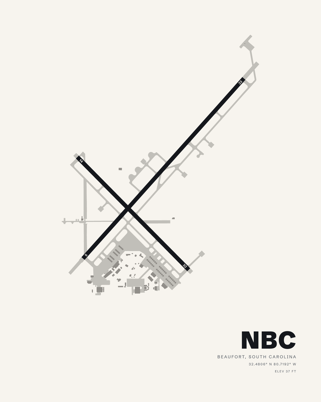 White airport map print of Beaufort MCAS (Merritt Field), NBC, two crossing runways forming an X above the ramp.