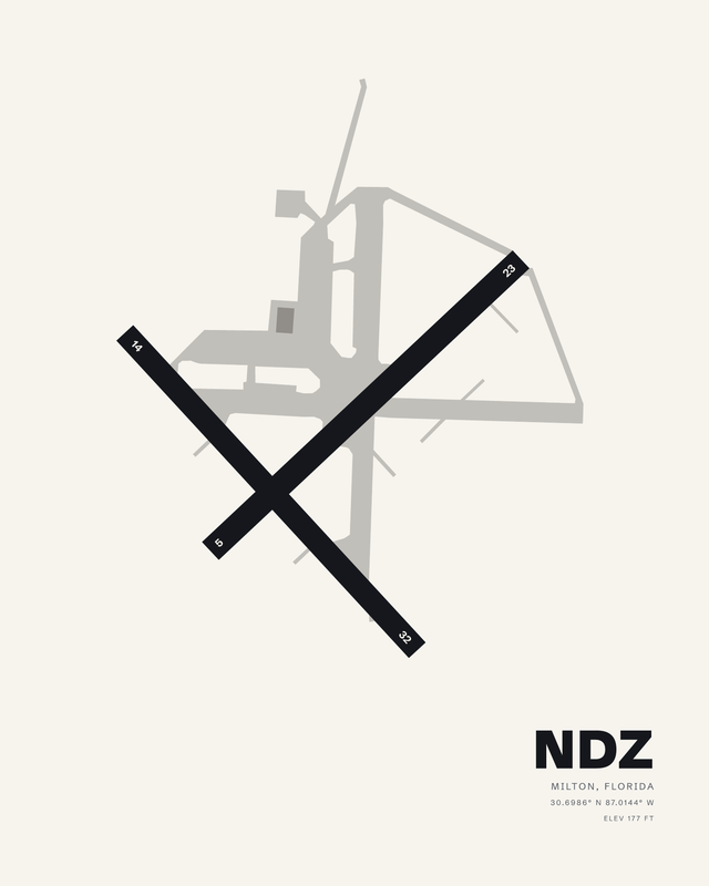 White colorway airport map print of Whiting Field NAS South (NDZ), Milton, Florida, with runways 14/32 and 05/23 crossing as a dark X on a warm off-white ground.