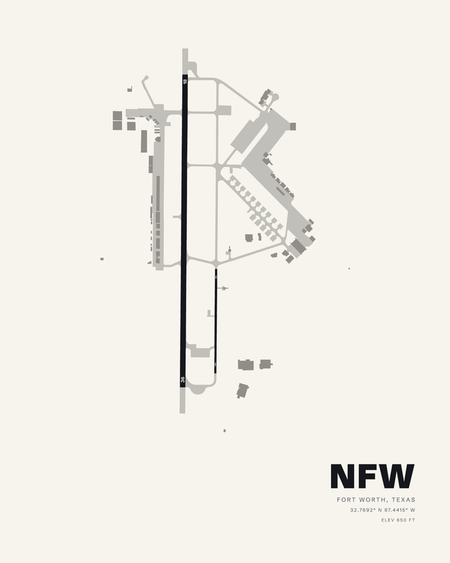 NFW airport map print in white: Fort Worth NAS JRB runways 18/36 and 176/356 drawn in dark ink on a bright sheet.