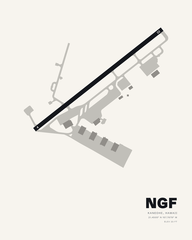 Kaneohe Bay MCAS (NGF) airport diagram fine art print in white, single runway 04/22 on a long diagonal.