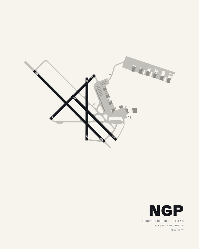 NGP airport map print in the white colorway: four Corpus Christi NAS runways in black on a warm off white sheet.