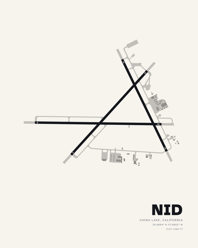 NID airport map print in white: runways 08/26, 03/21 and 14/32 at China Lake NAWS forming a tall A in black line work.