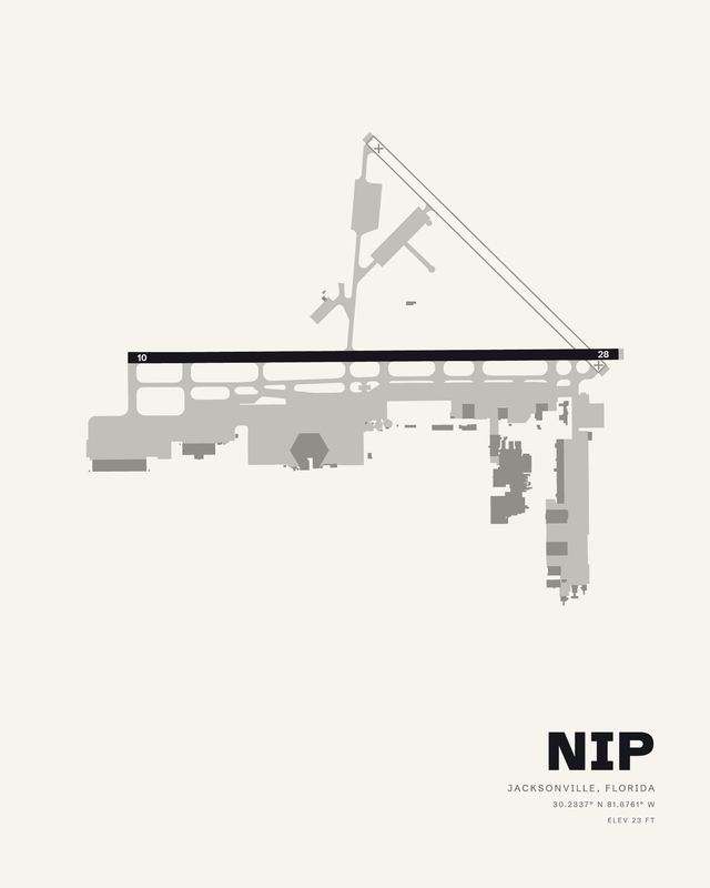 Jacksonville NAS (Towers Field) airport diagram fine art print on white, runway 10/28 as a long black band with the NIP identifier below.