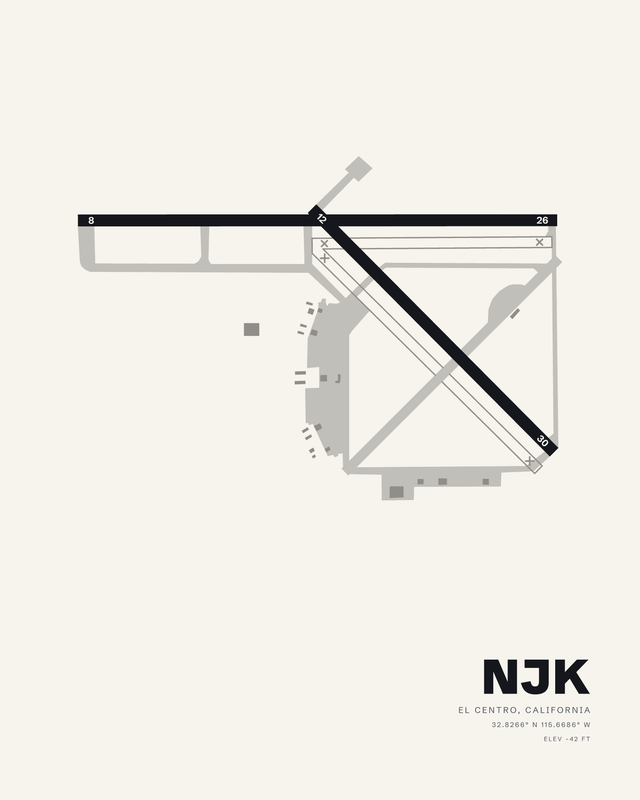 White airport map print of NJK, El Centro NAF (Vraciu Field), showing runway 08/26 crossed by the diagonal 12/30.