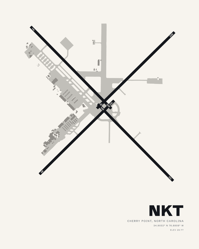 NKT Cherry Point MCAS airport map print in the white colorway, four runways crossing in a broad X over a pale background.