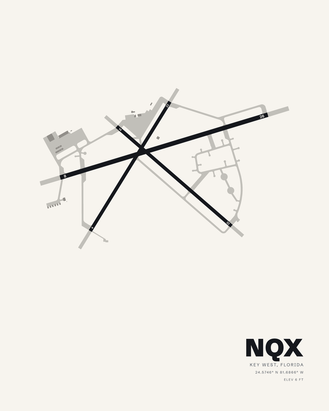 Key West NAS (Boca Chica Field) airport map print in white, three runways crossing in a six-armed star, NQX, Key West, Florida.
