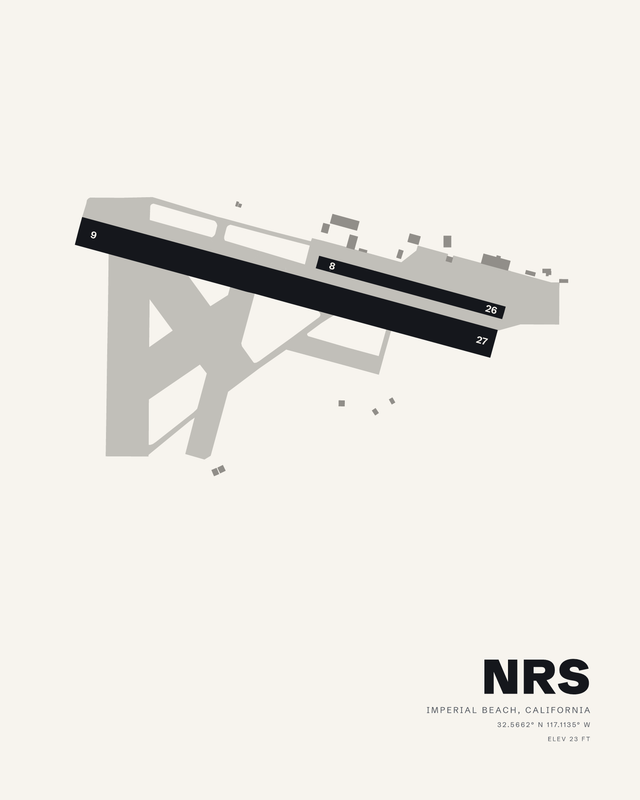 Imperial Beach NOLF (Ream Field) NRS airport map print in white, two dark near-parallel runways on a diagonal above a pale apron.