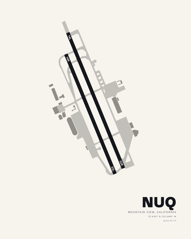White airport map print of Moffett Federal Airfield NUQ, two parallel runways on a dark diagonal.
